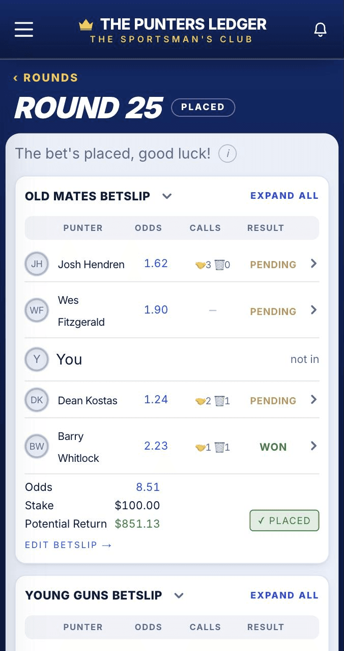 A round in the app: every punter's leg on the slip, with odds, calls and results
